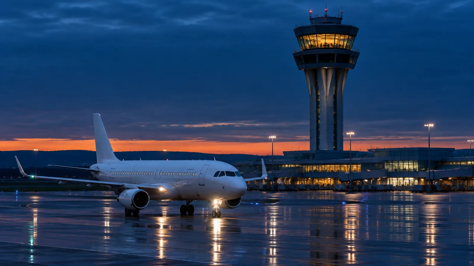 Ett vitt passagerarplan på ett vått flygfält i skymningen, med ett upplyst flygledartorn bakom sig