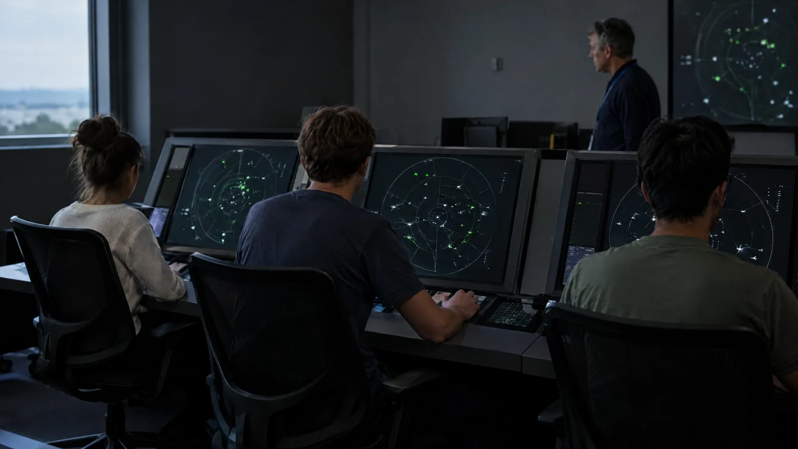 Air traffic controller trainees at radar simulator consoles, with an instructor behind them